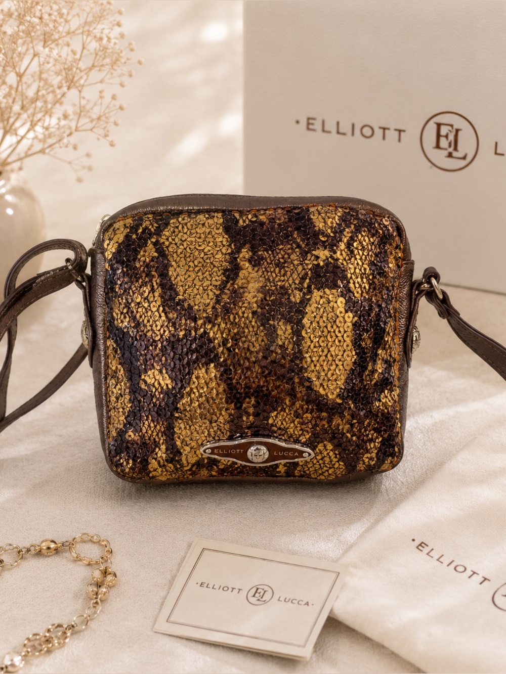 Elliott Lucca Metallic Snakeskin Sequin Crossbody Bag Bronze Gold Brown Small